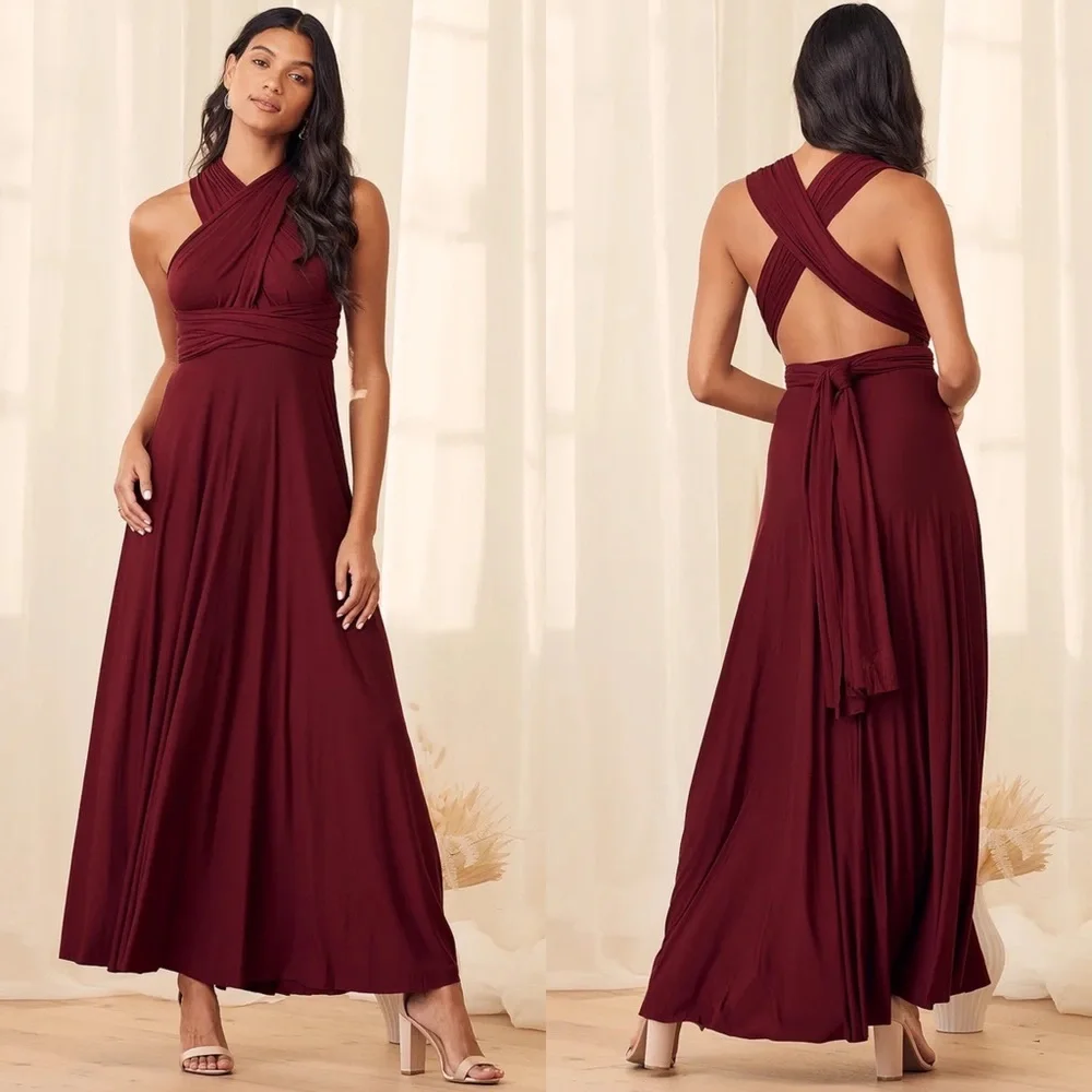 Lulus Convertible Maxi Dress Bugundy Tricks of Trade Size XS Bridesmaid Boho NWT - Picture 2 of 11